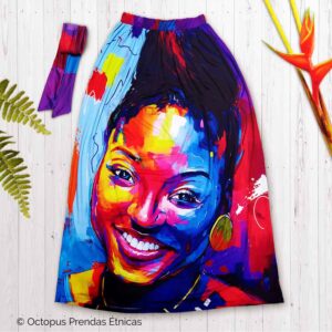 Falda larga con retrato colorido de una mujer negra sonriente