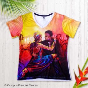 blusa con diseño de dos bailarines afros bailando salsa